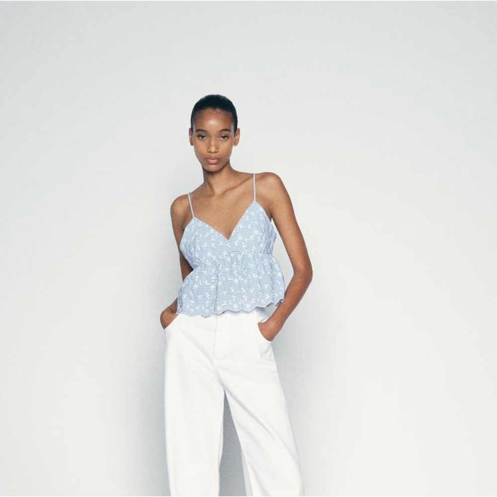 NWT Zara Embroidered Crop Top in Blue / White - Medium